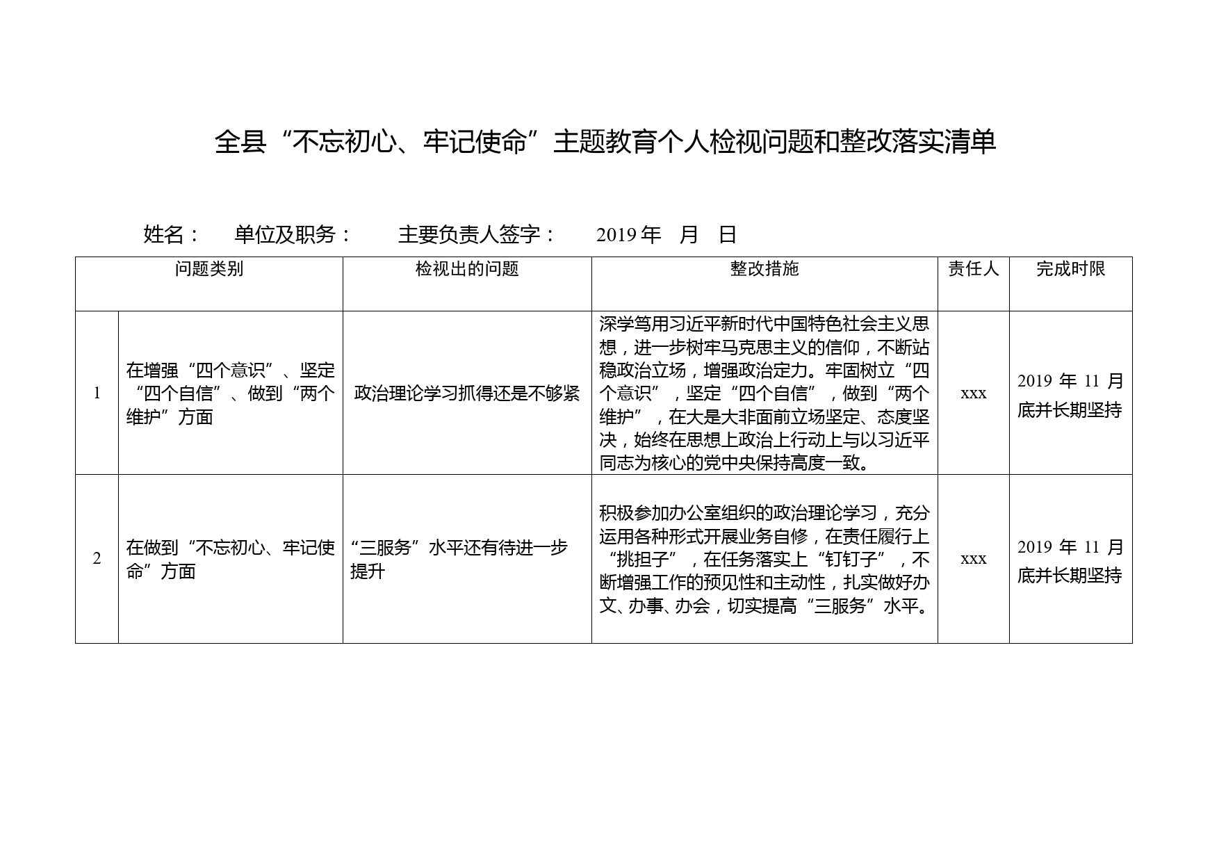 20190928普通党员个人主题教育检视问题和整改落实清单_第1页