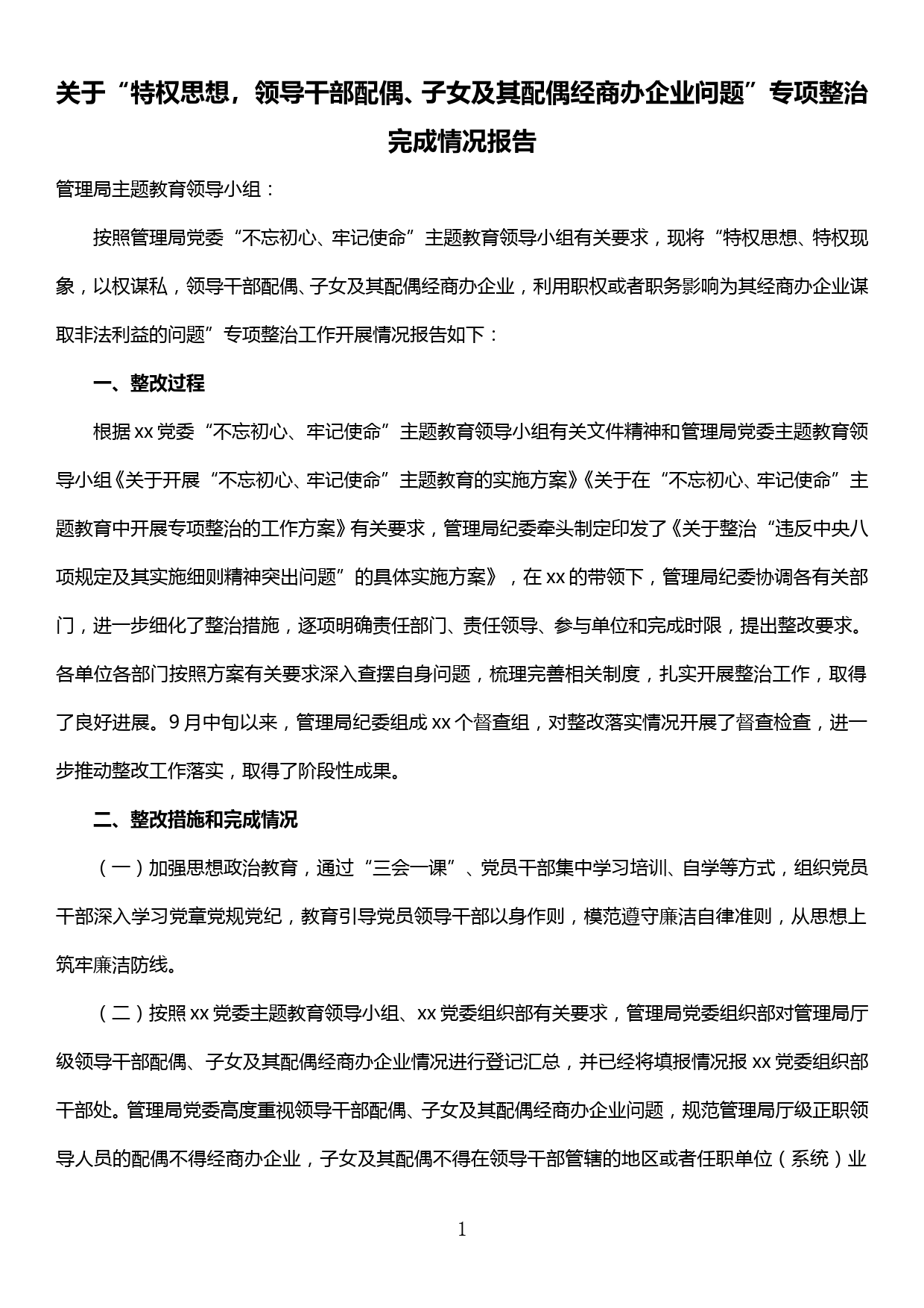 关于“特权思想，领导干部配偶、子女及其配偶经商办企业问题”专项整治完成情况报告_第1页