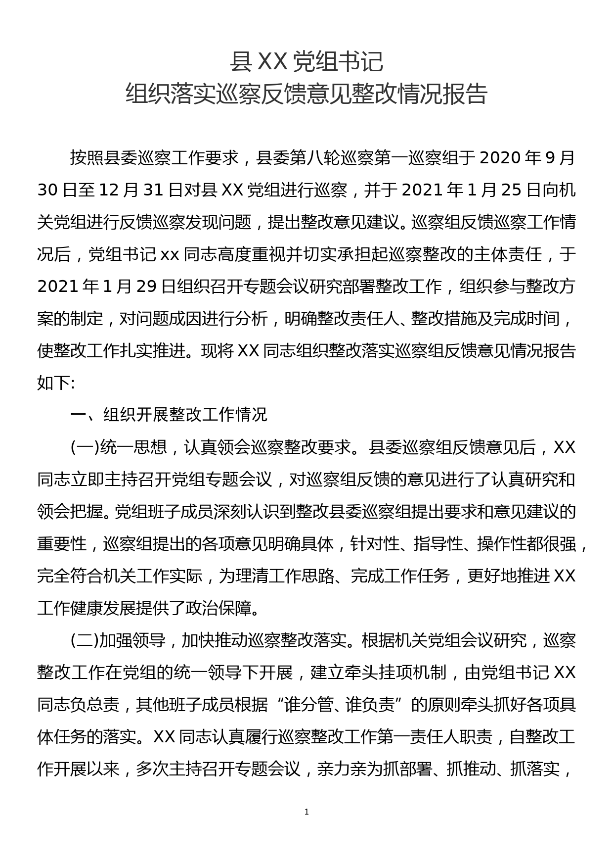 党组书记组织落实巡察反馈意见整改情况报告_第1页