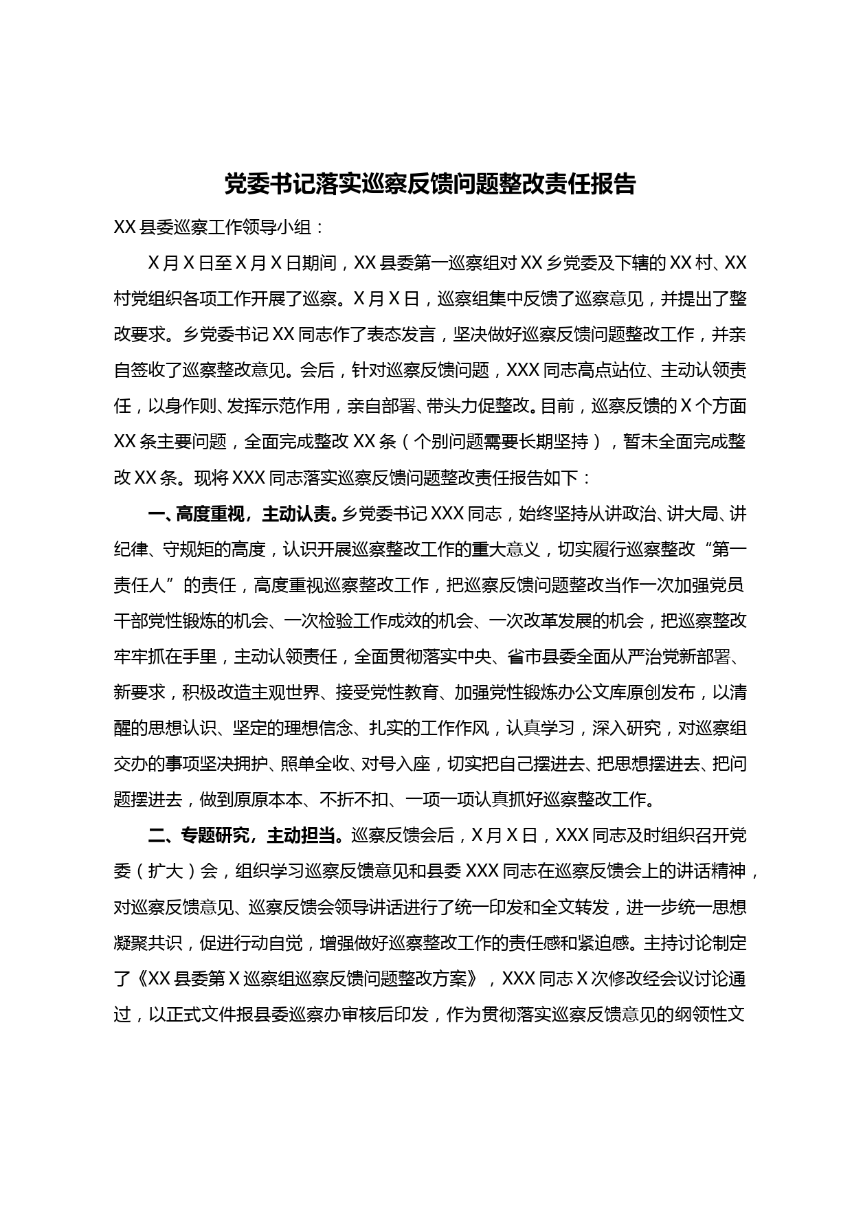 【20021906】党委书记落实巡察反馈问题整改责任报告_第1页