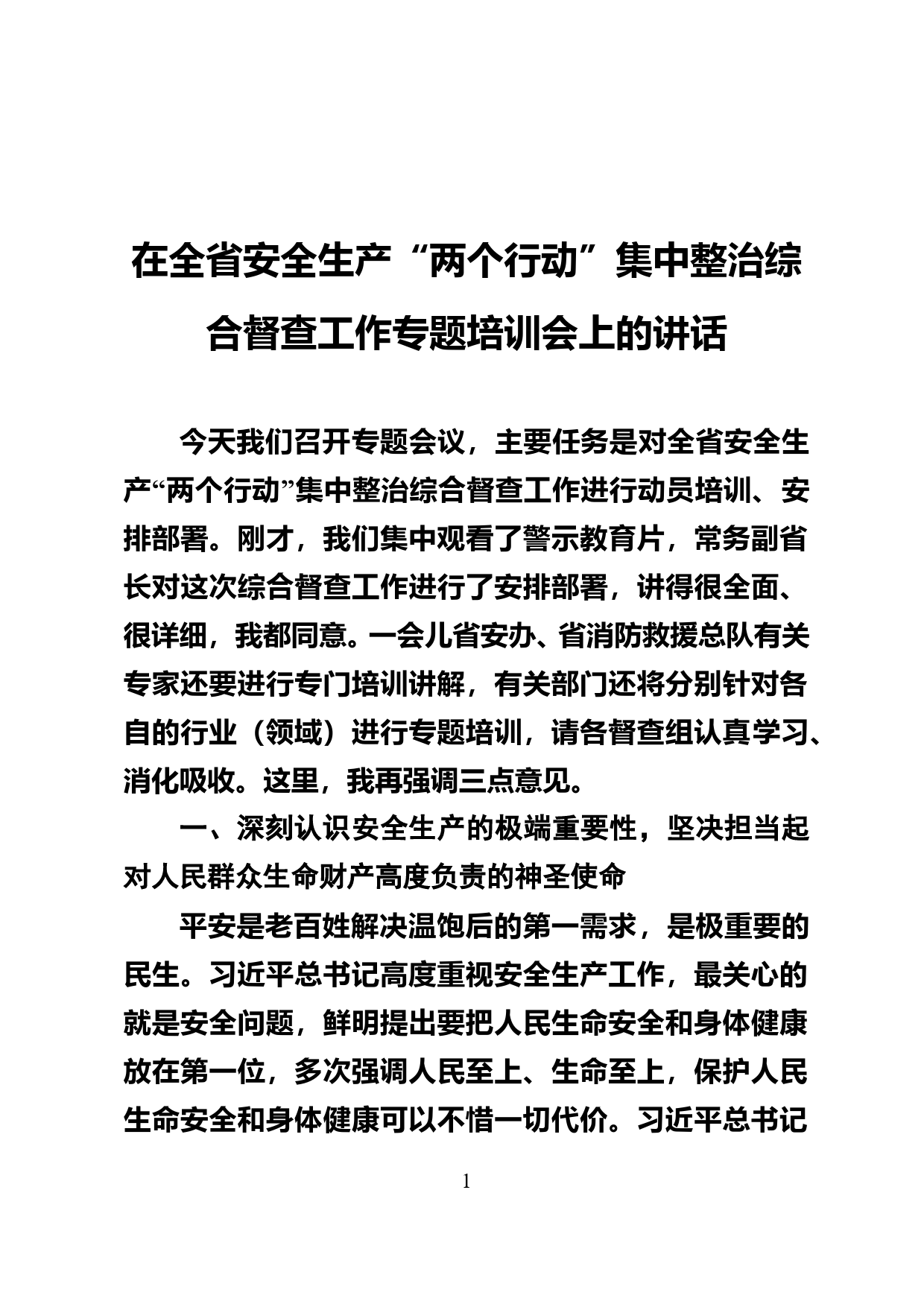 在全生产“两个行动”集中整治综合督查工作专题培训会上的讲话_第1页