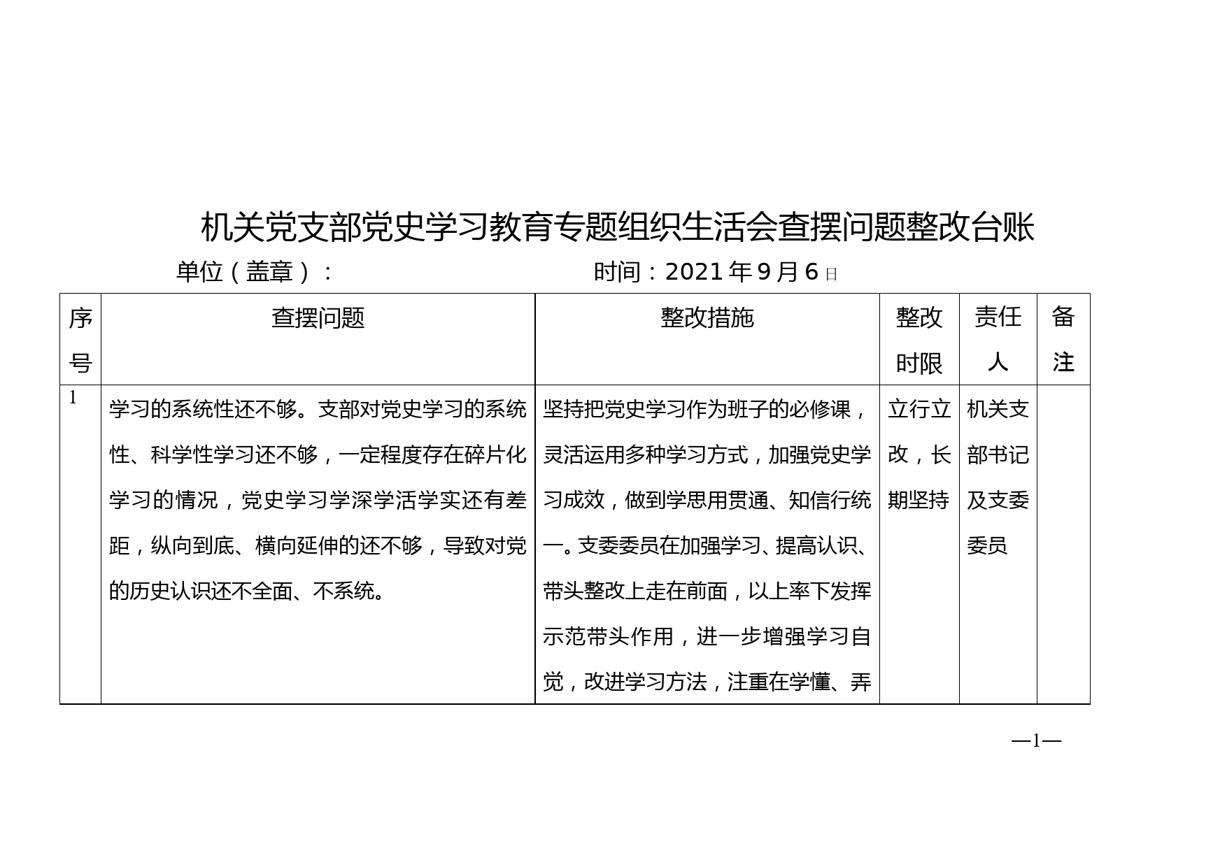 机关党支部党史学习教育专题组织生活会查摆问题整改台账_第1页