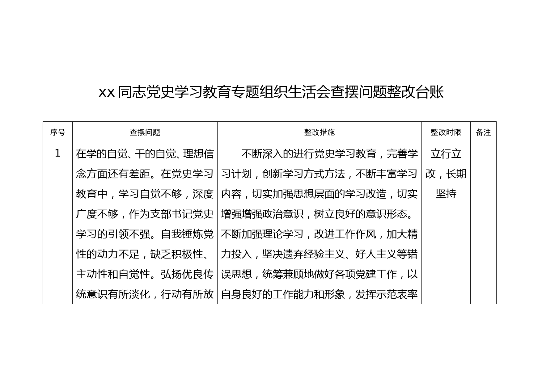 xx同志党史学习教育专题组织生活会查摆问题整改台账_第1页