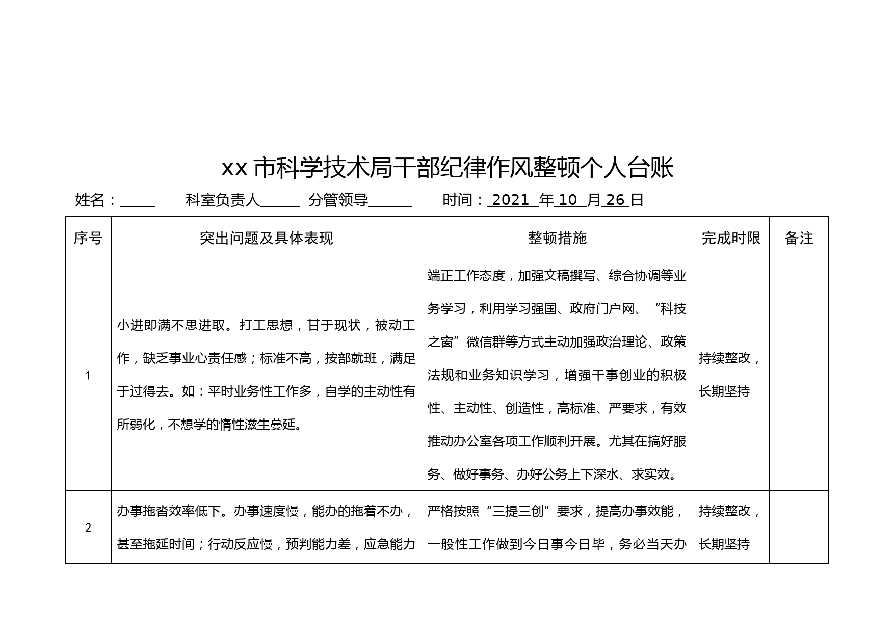 xx市科学技术局干部纪律作风整顿个人台账_第1页