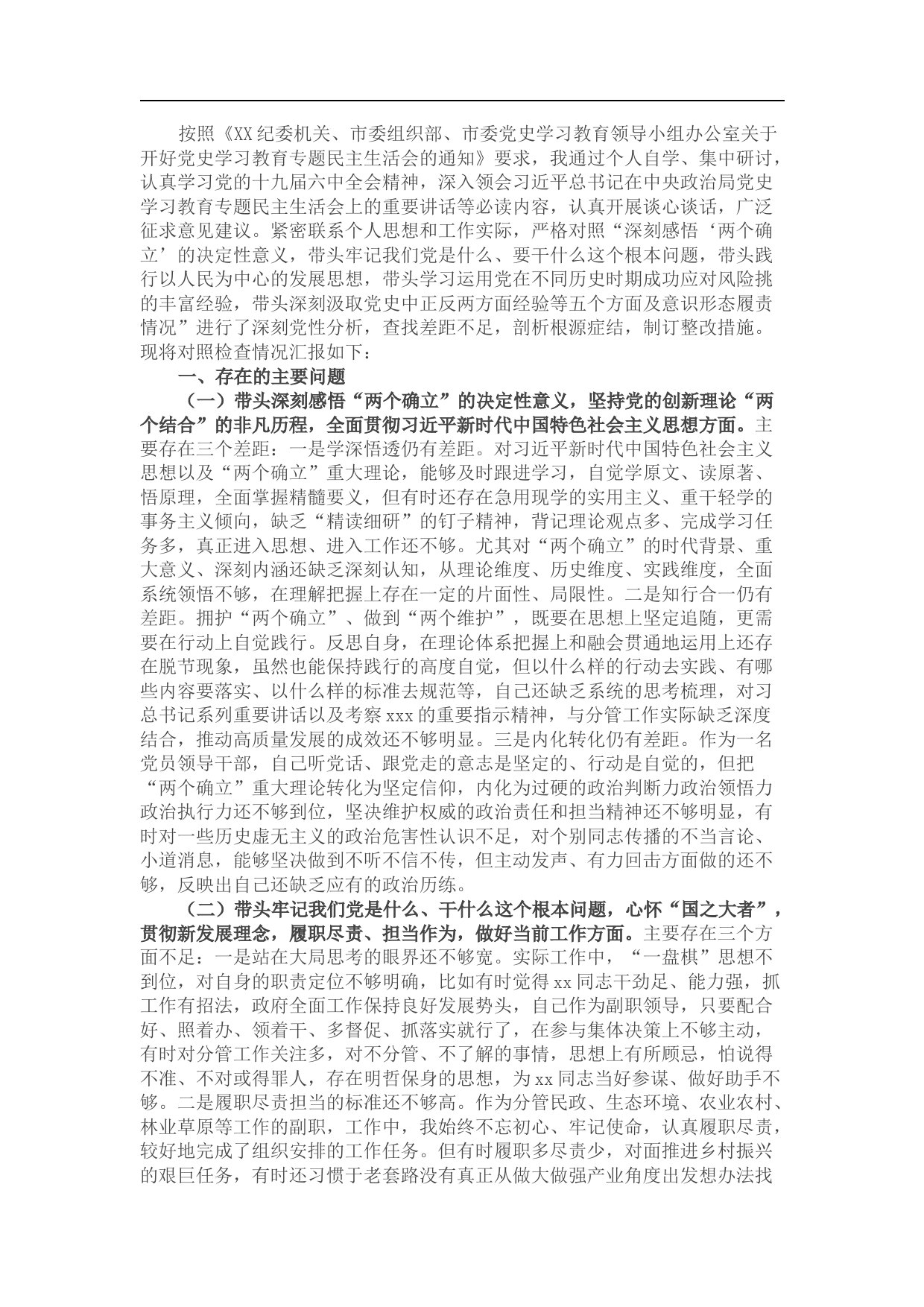 市政府党组成员党史学习教育专题民主生活会对照检查材料_第1页