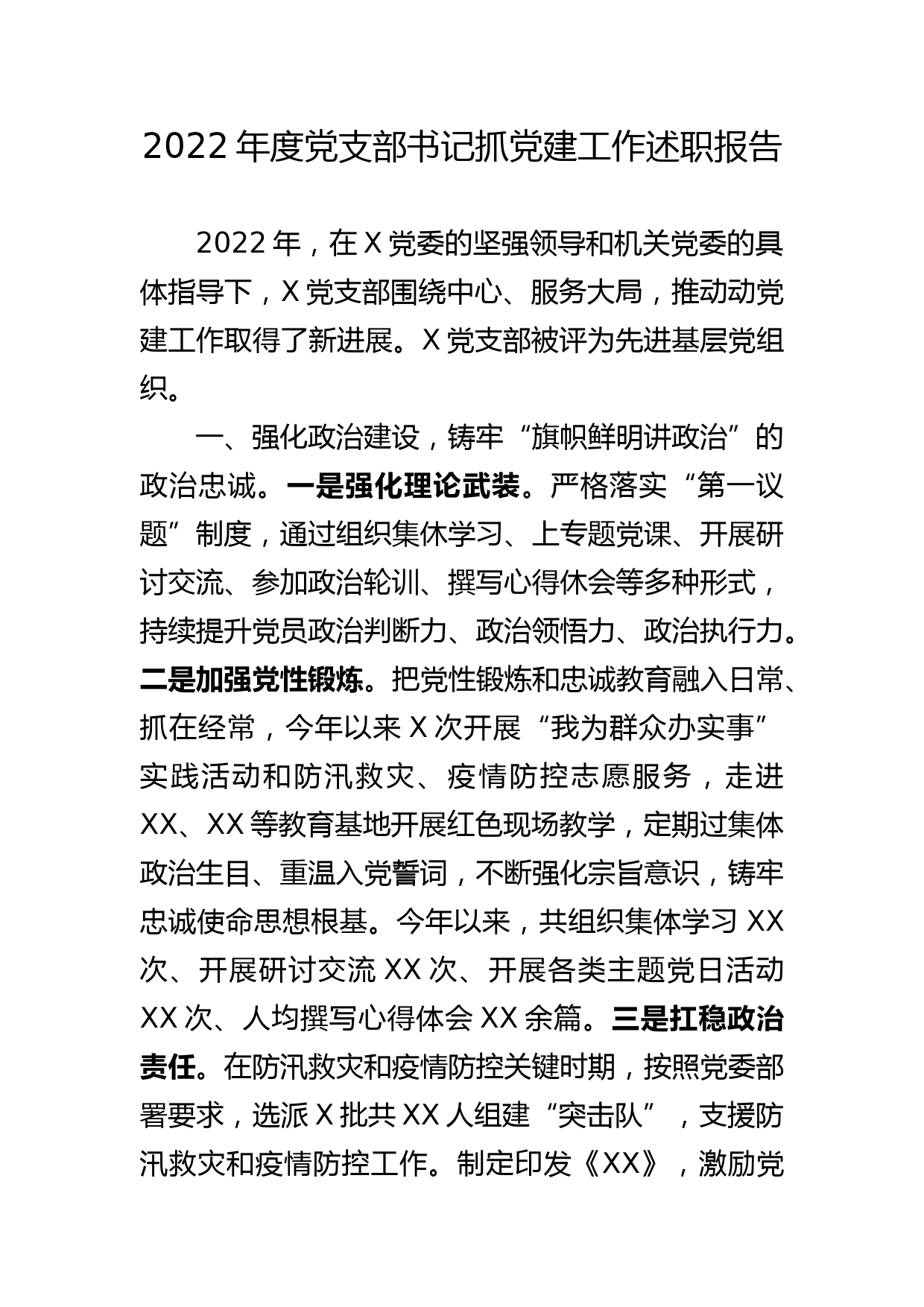 2022年度党支部书记抓党建工作述职报告_第1页