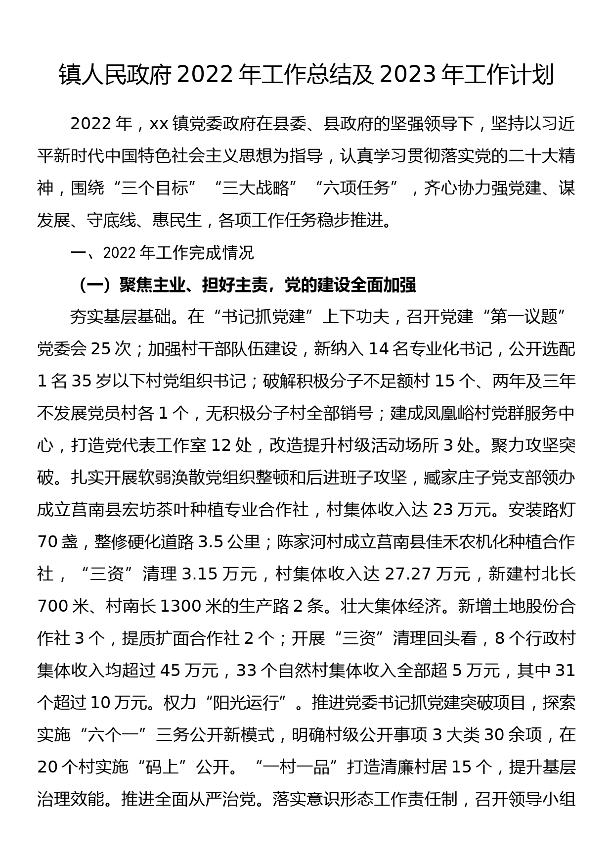 镇人民政府2022年工作总结及2023年工作计划_第1页