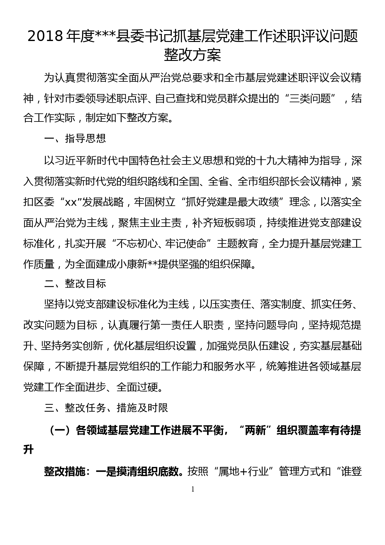 2018年度县委书记抓基层党建工作述职评议问题整改方案_第1页