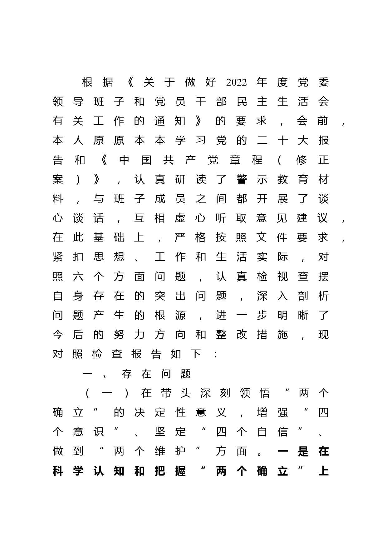 2022年度班子成员民主生活会个人对照检查材料_第1页