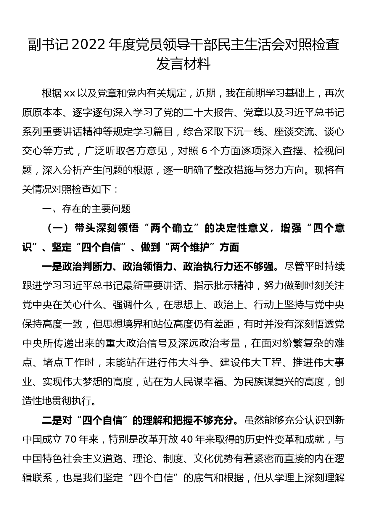 副书记2022年度党员领导干部民主生活会对照检查发言材料_第1页