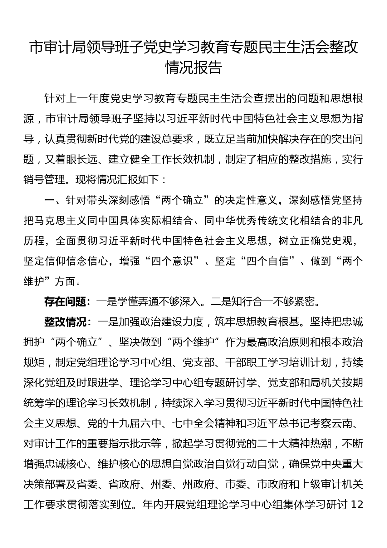 市审计局领导班子党史学习教育专题民主生活会整改情况报告_第1页