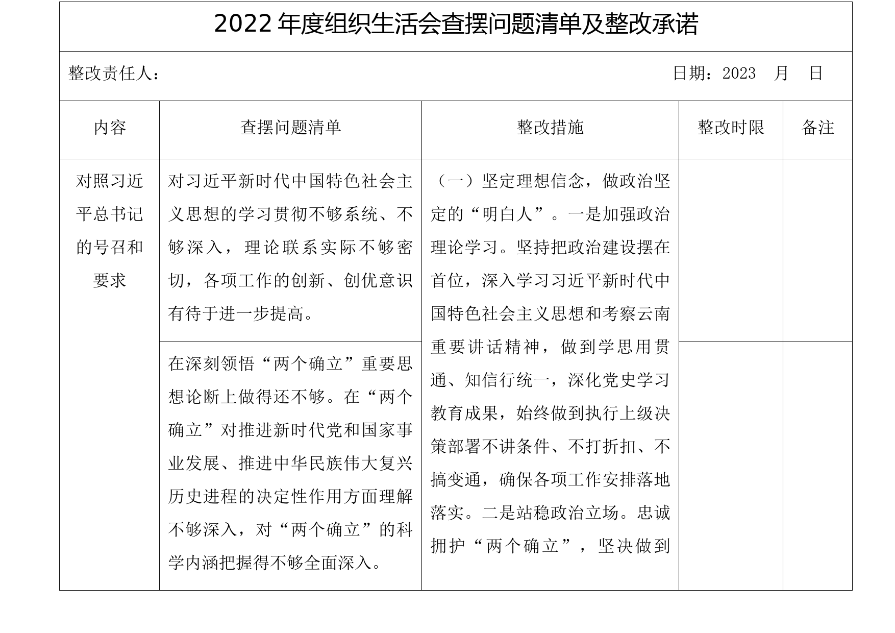 2022年度组织生活会查摆问题清单及整改承诺_第1页