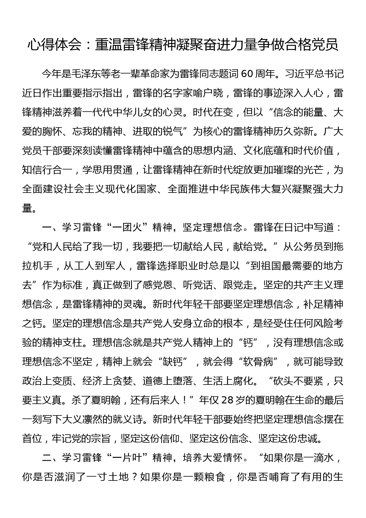 心得体会：重温雷锋精神凝聚奋进力量争做合格党员_第1页