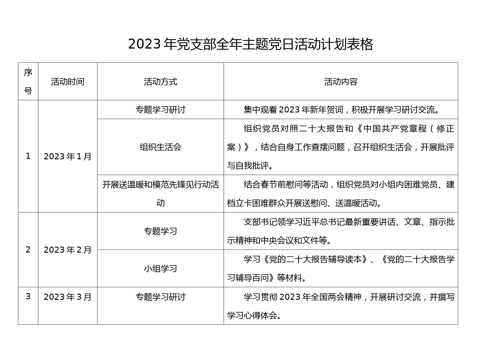 2023年党支部全年主题党日活动计划表格_第1页