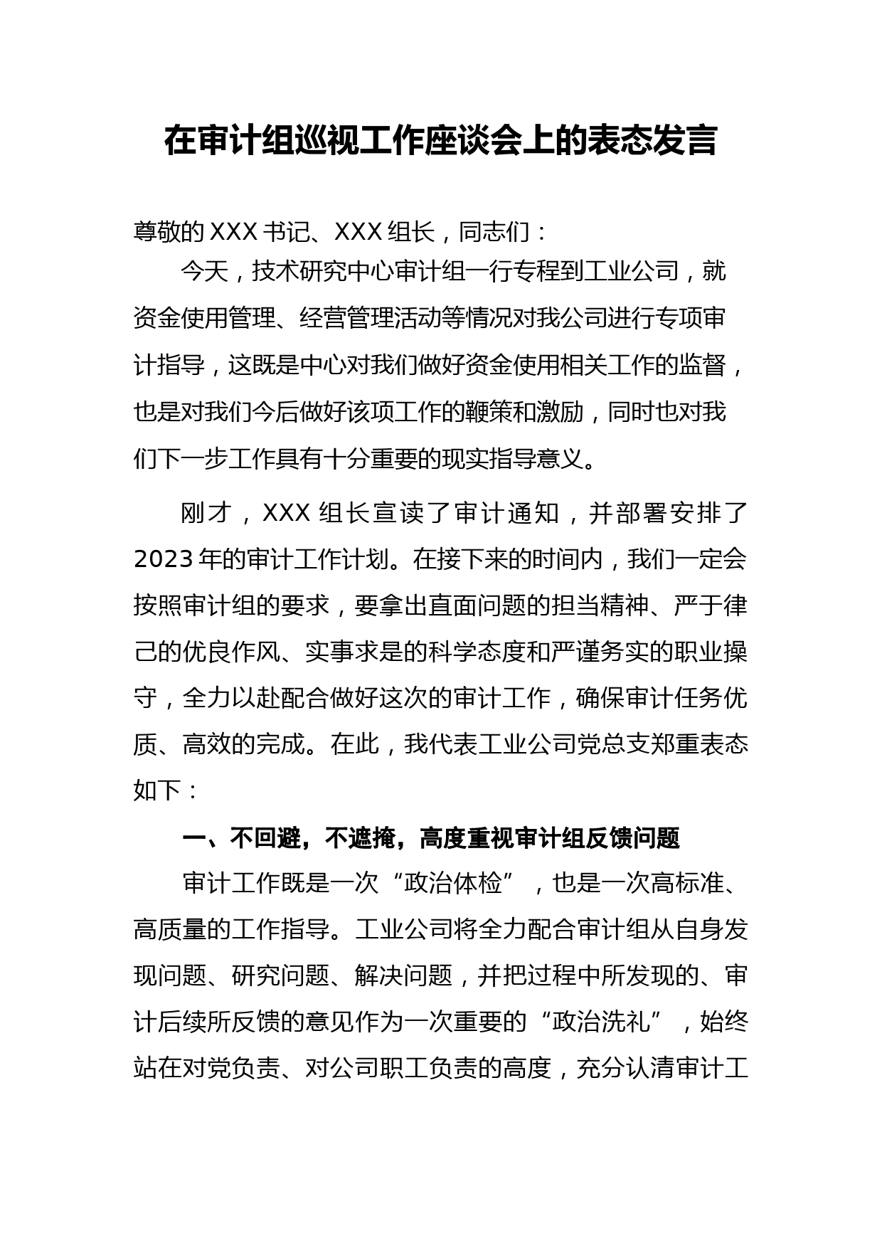 在审计组巡视工作座谈会上的表态发言_第1页