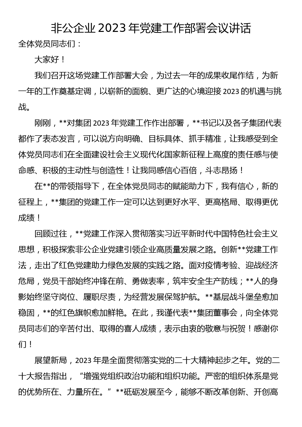 非公企业2023年党建工作部署会议讲话_第1页