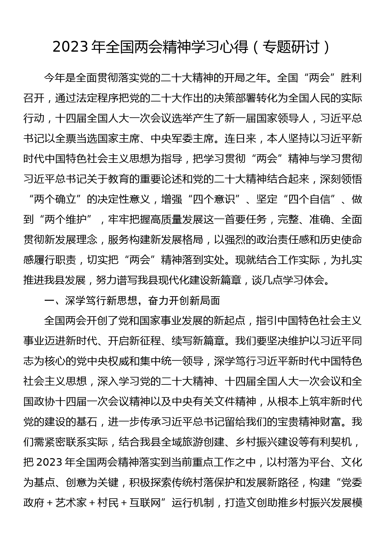 2023年全国两会精神学习心得（专题研讨）_第1页