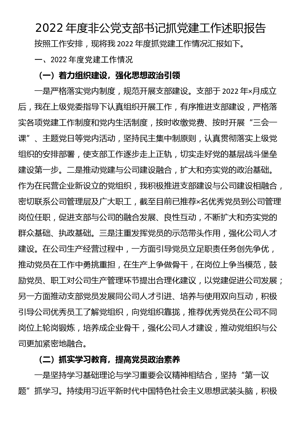 2022年度非公党支部书记抓党建工作述职报告_第1页