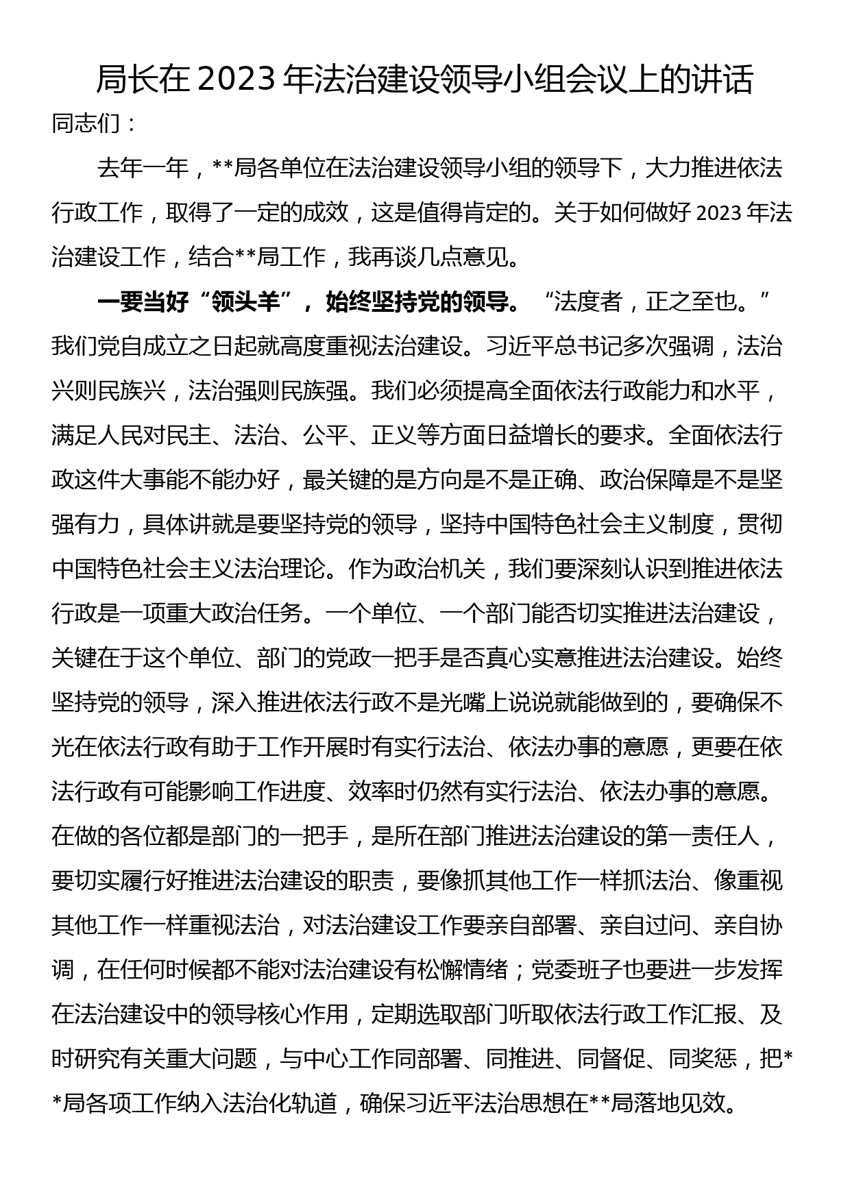 局长在2023年法治建设领导小组会议上的讲话_第1页