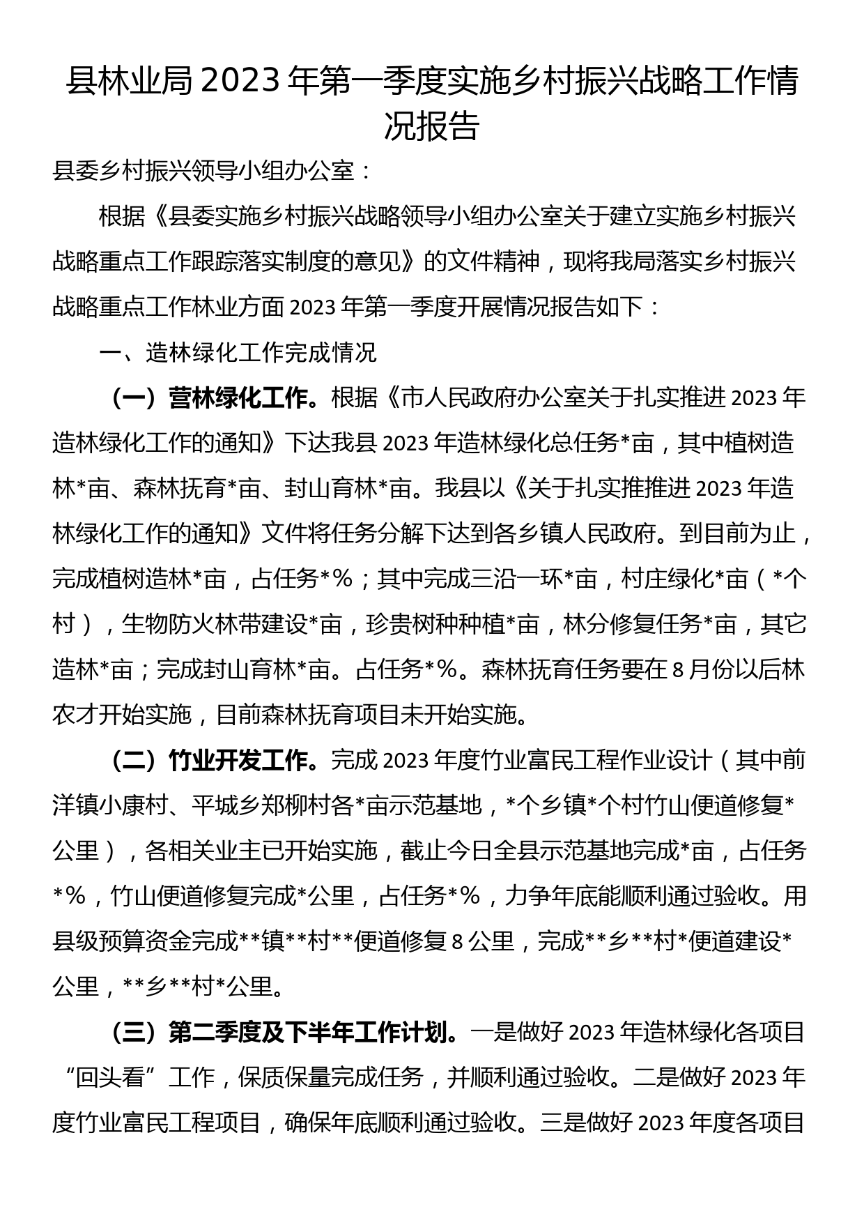 县林业局2023年第一季度实施乡村振兴战略工作情况报告_第1页