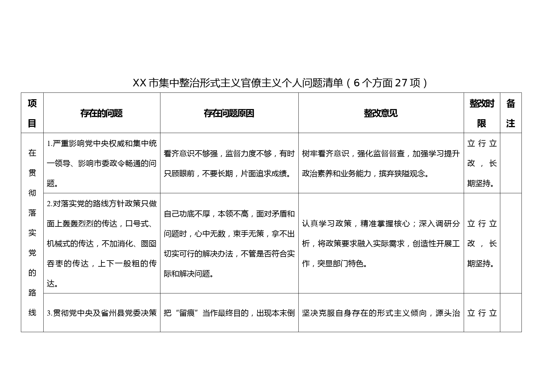 集中整治形式主义官僚主义个人问题清单整改清单（6方面27项）_第1页