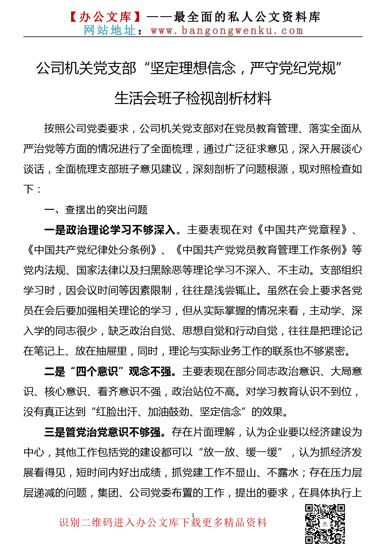 【20100901】公司党支部“坚定理想信念，严守党纪党规”生活会班子检视剖析材料_第1页