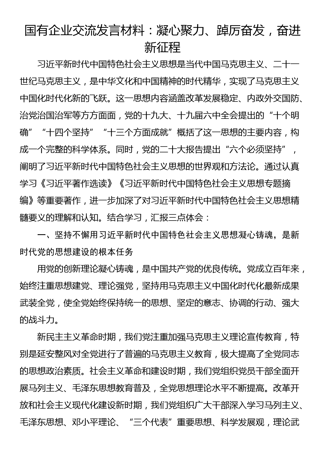 国有企业交流发言材料：凝心聚力、踔厉奋发，奋进新征程_第1页