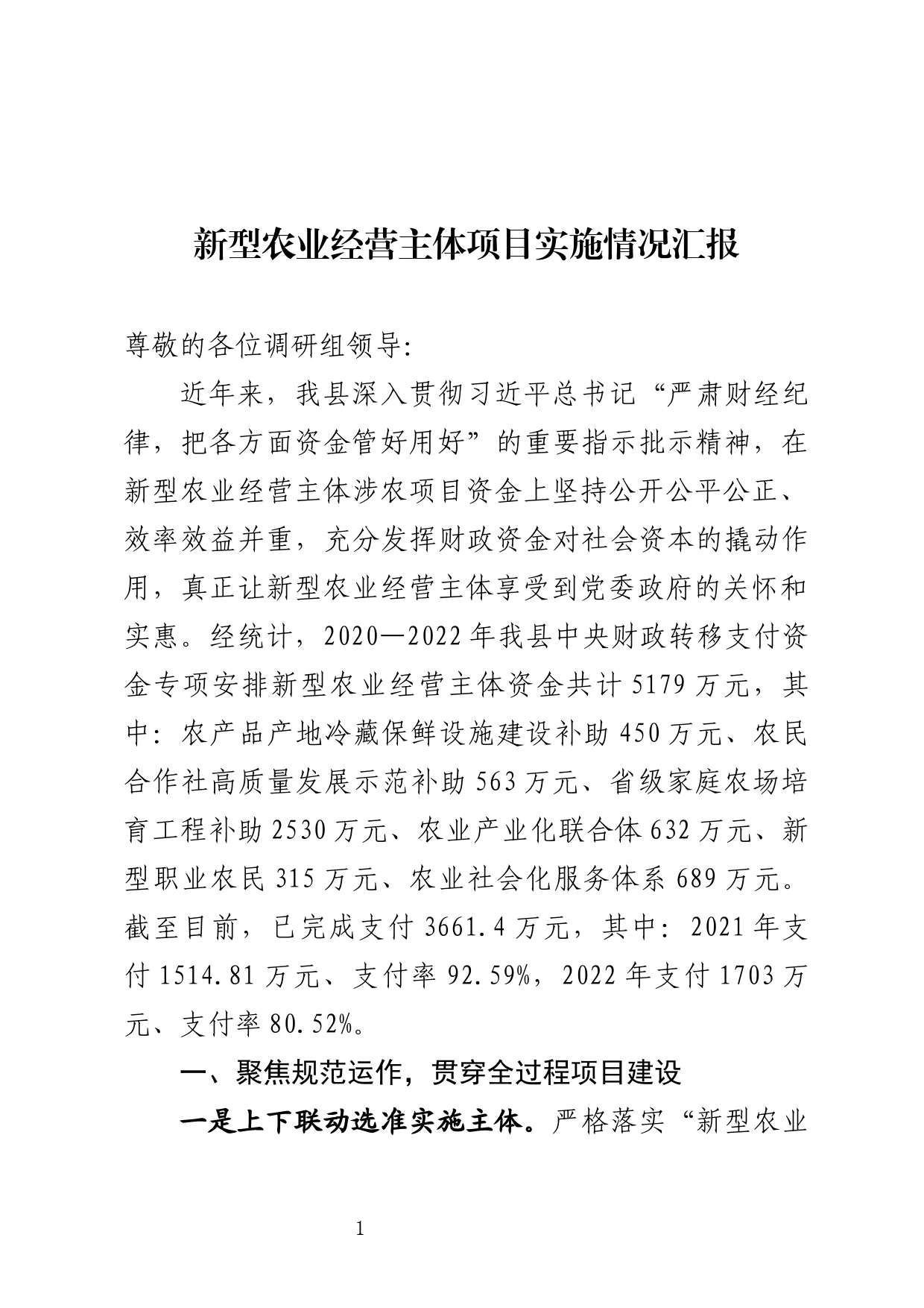 关于新型农业经营主体项目实施情况的汇报_第1页