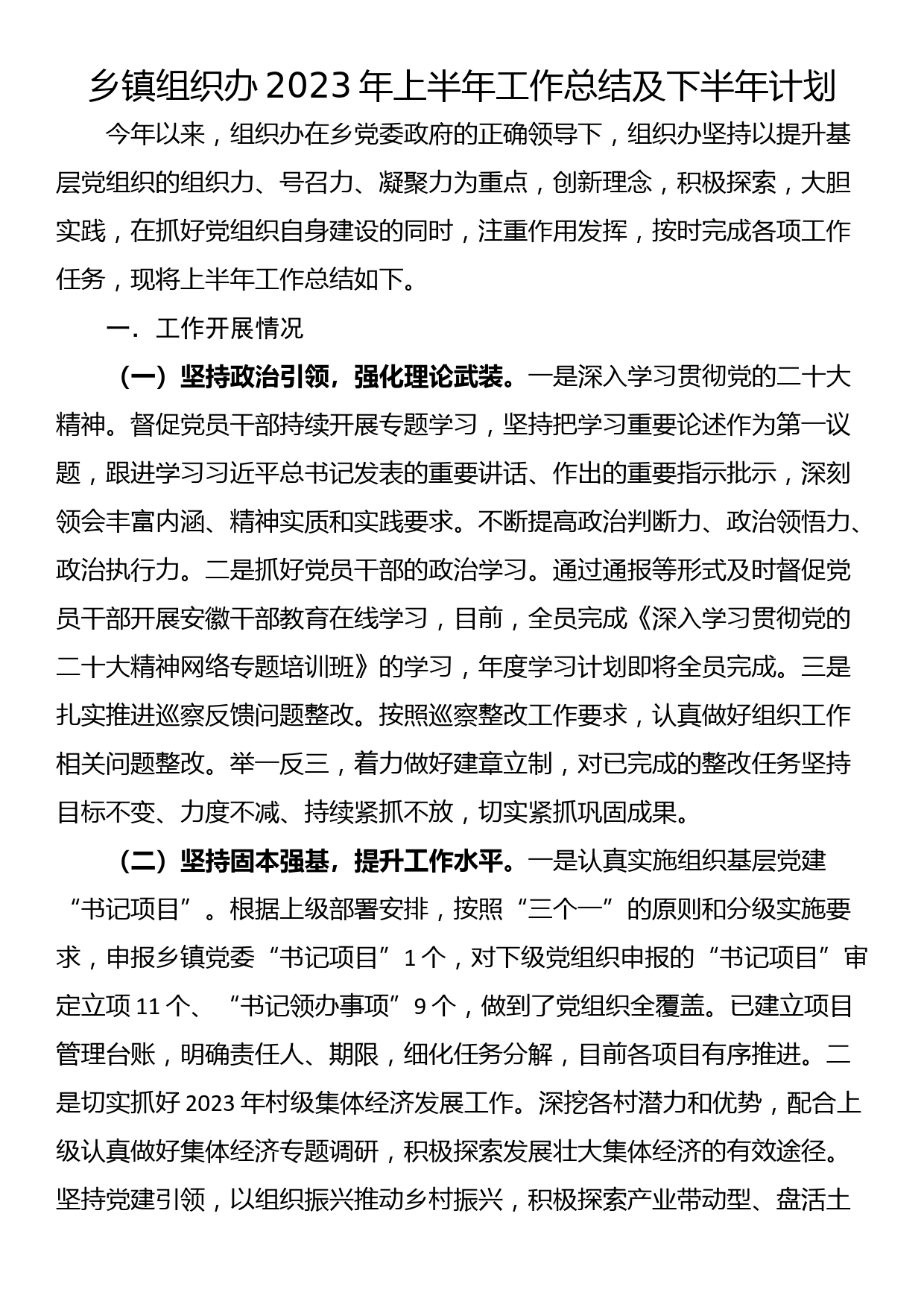 乡镇组织办2023年上半年工作总结及下半年计划_第1页