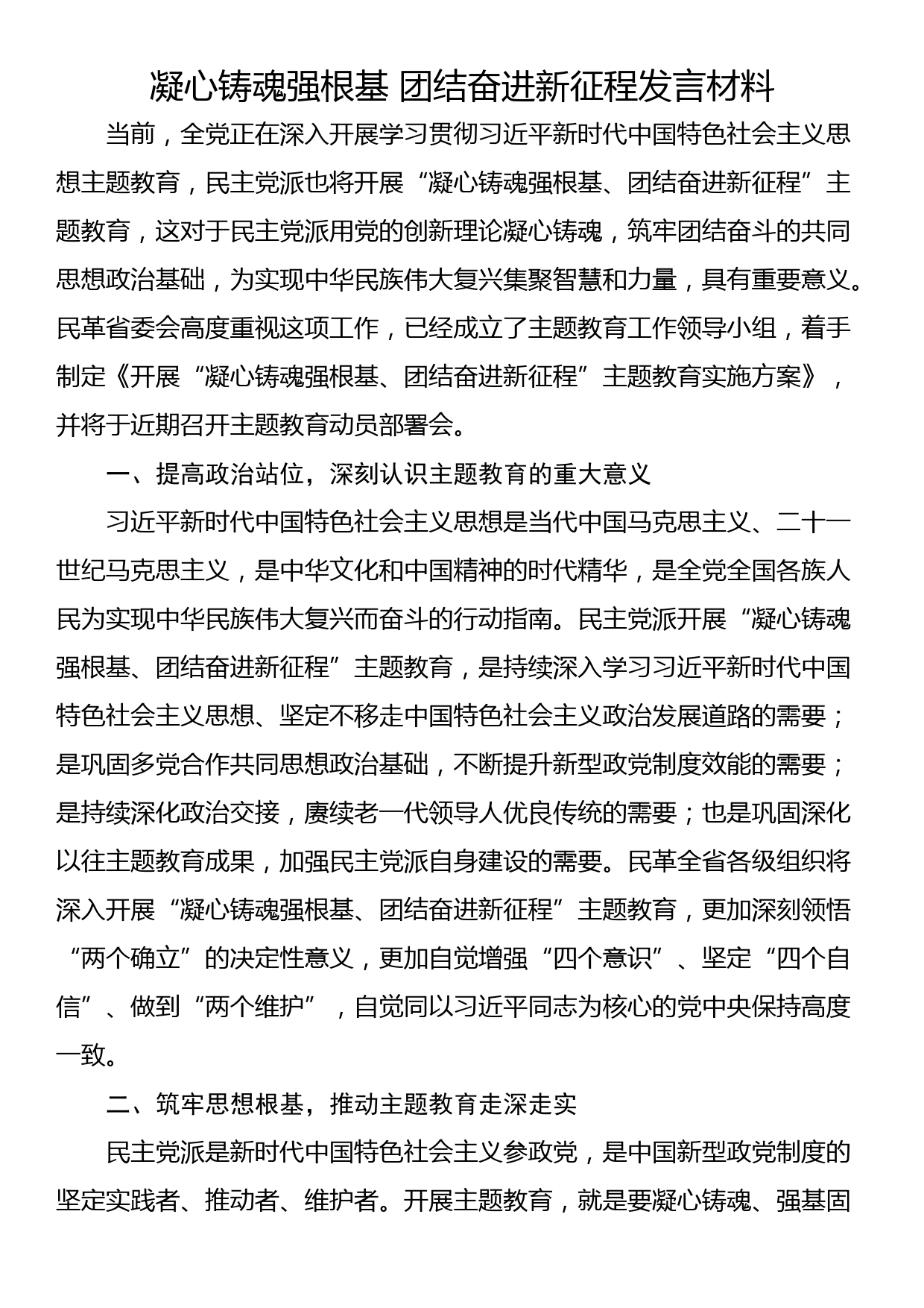 凝心铸魂强根基 团结奋进新征程发言材料_第1页