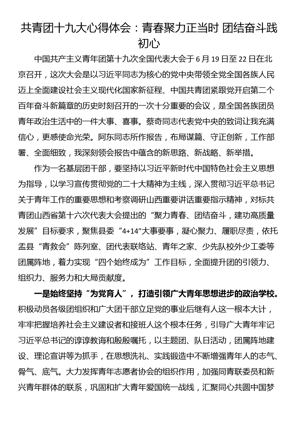 共青团十九大心得体会：青春聚力正当时 团结奋斗践初心_第1页