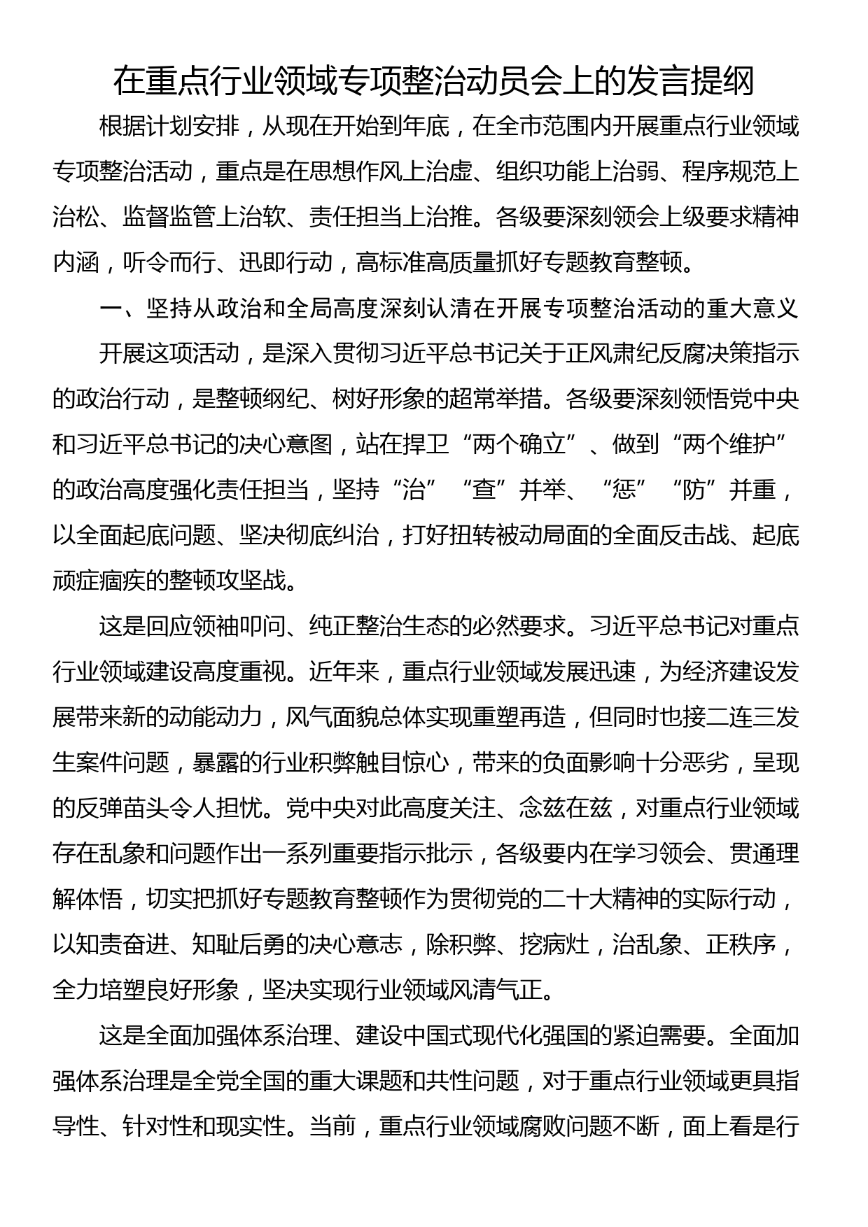 在重点行业领域专项整治动员会上的发言提纲_第1页