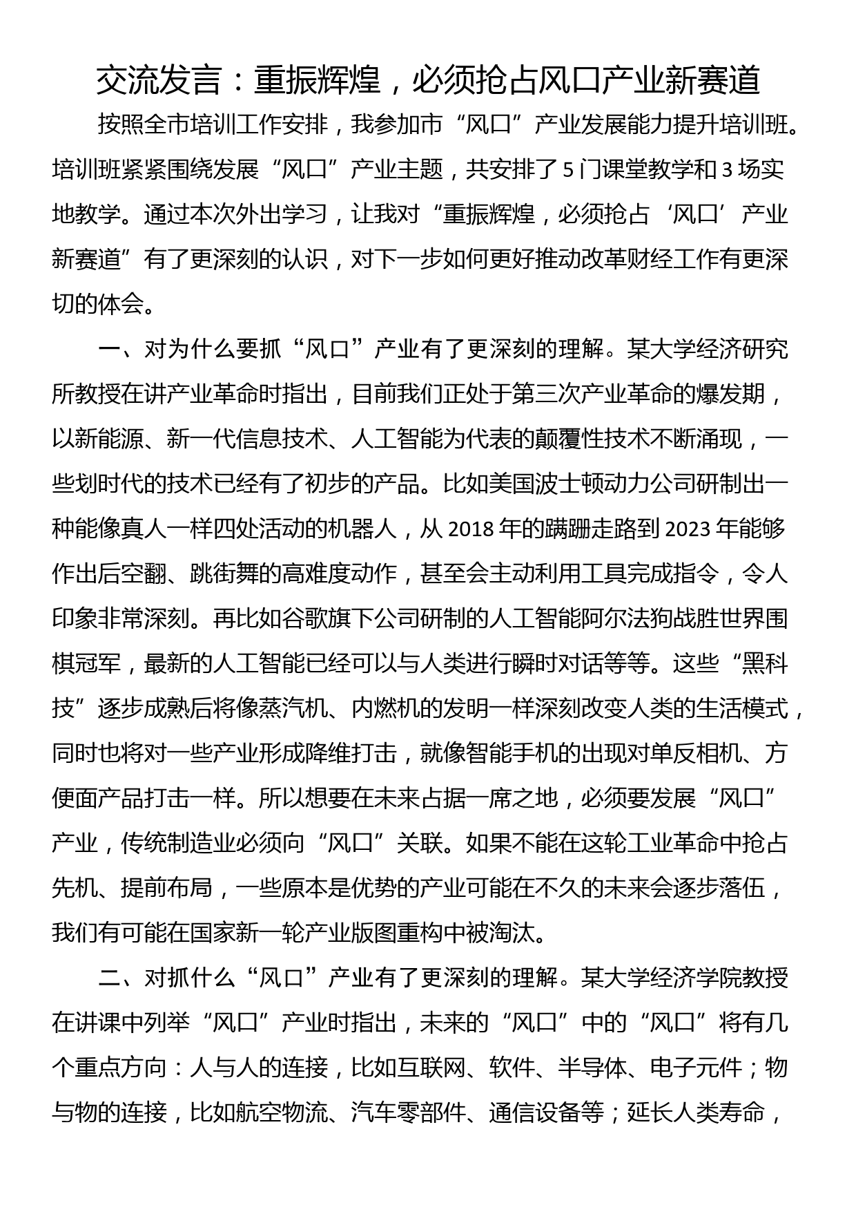 交流发言：重振辉煌，必须抢占风口产业新赛道_第1页