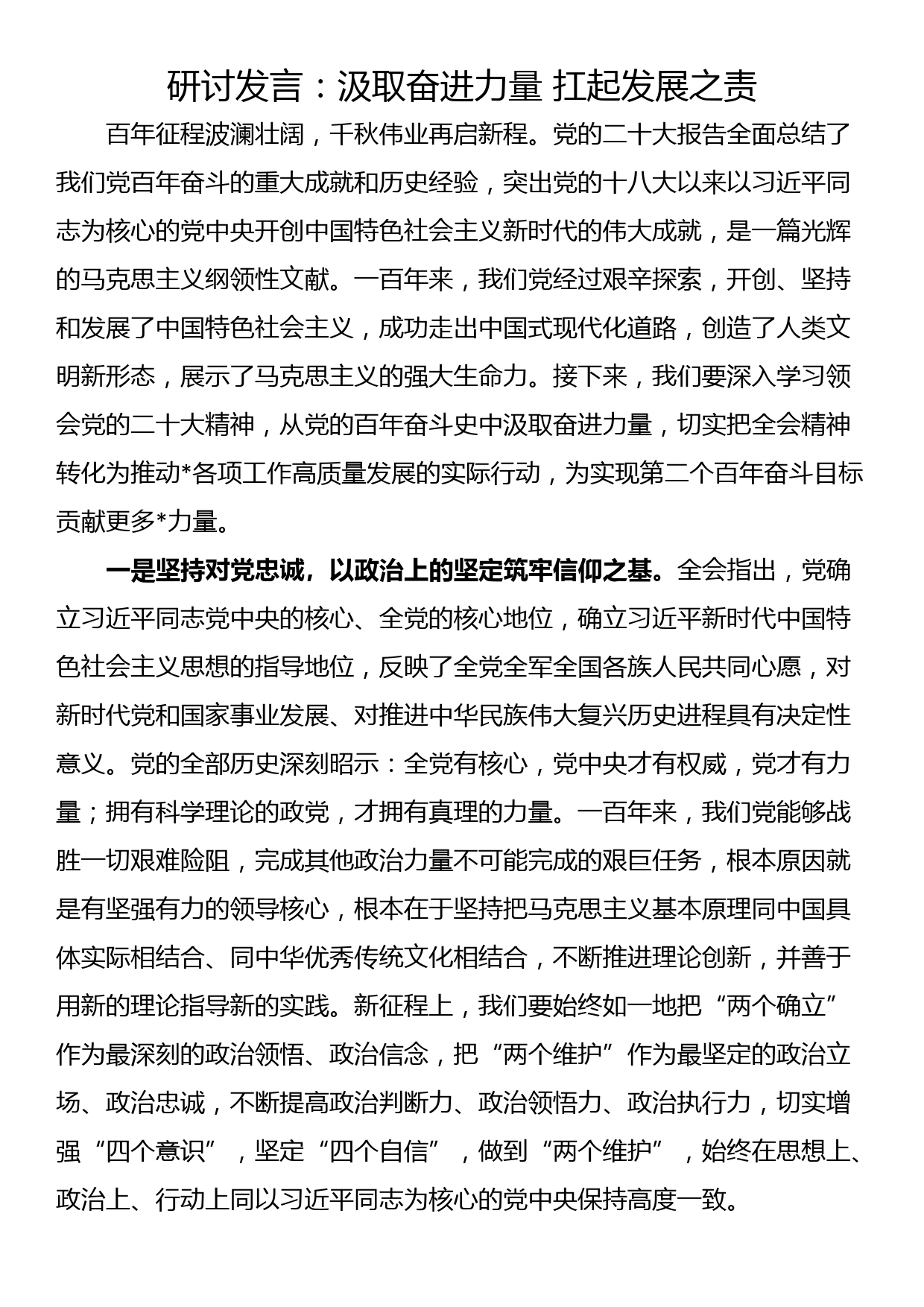 研讨发言：汲取奋进力量 扛起发展之责_第1页