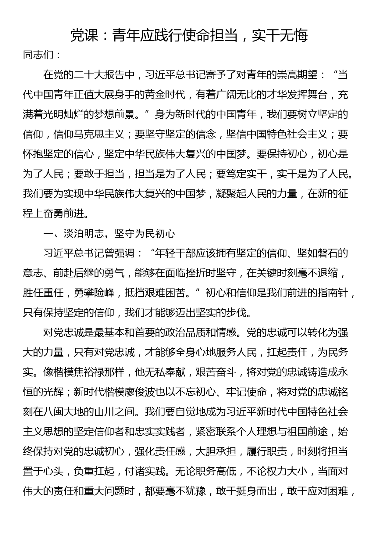 党课：青年应践行使命担当，实干无悔_第1页