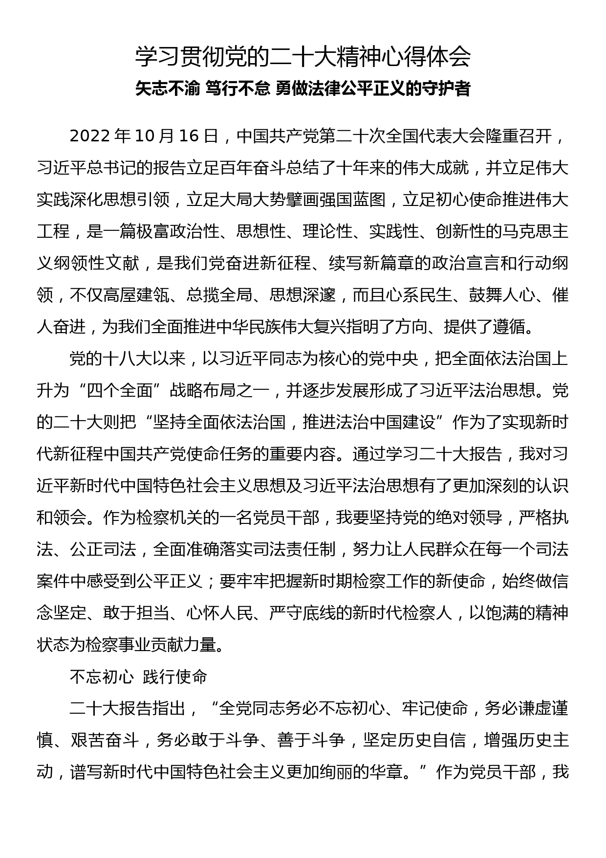 学习贯彻党的二十大精神心得体会矢志不渝 笃行不怠 勇做法律公平正义的守护者_第1页