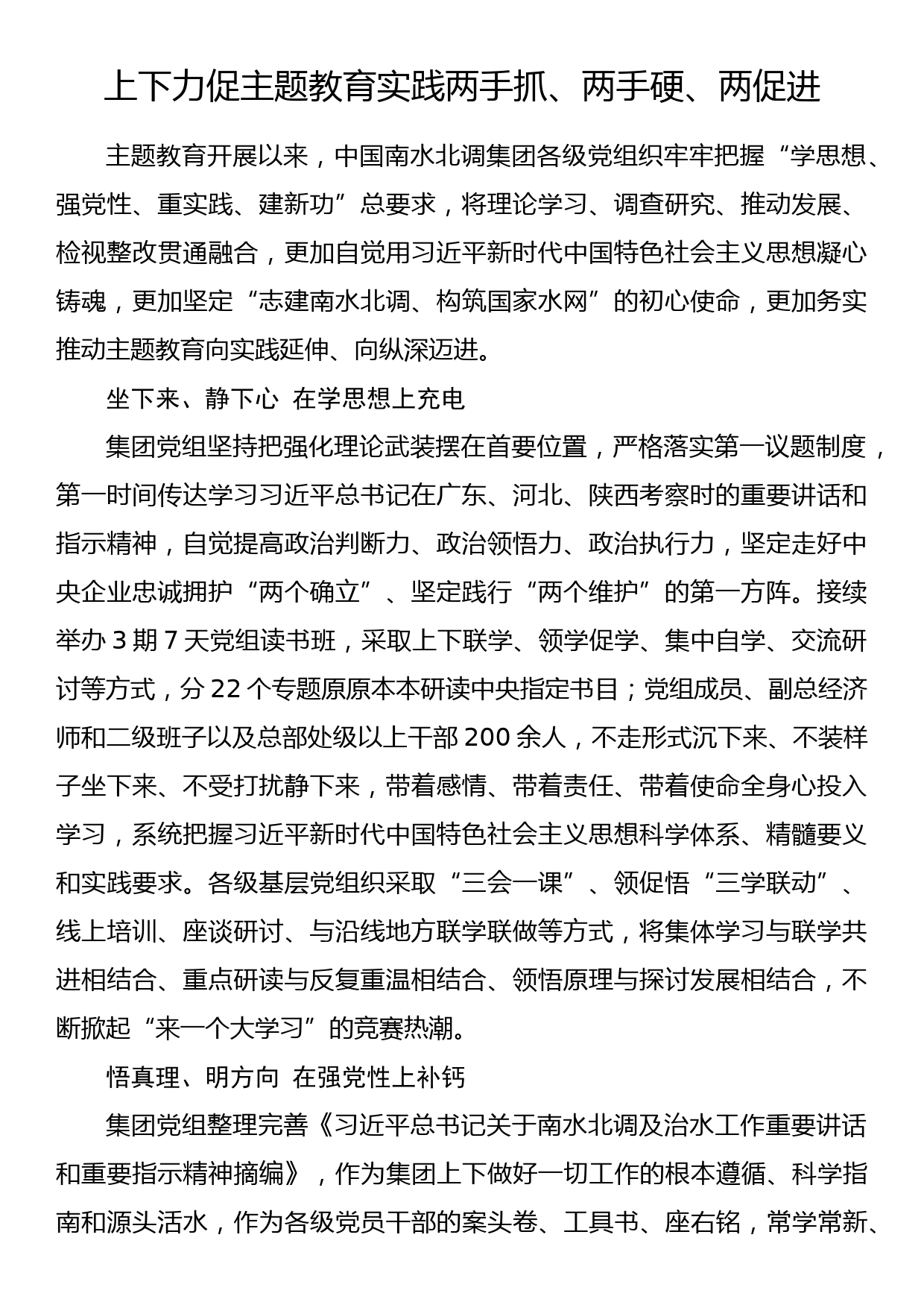 2023年主题教育企业公司典型材料总结汇报上下力促主题教育实践两手抓、两手硬、两促进_第1页