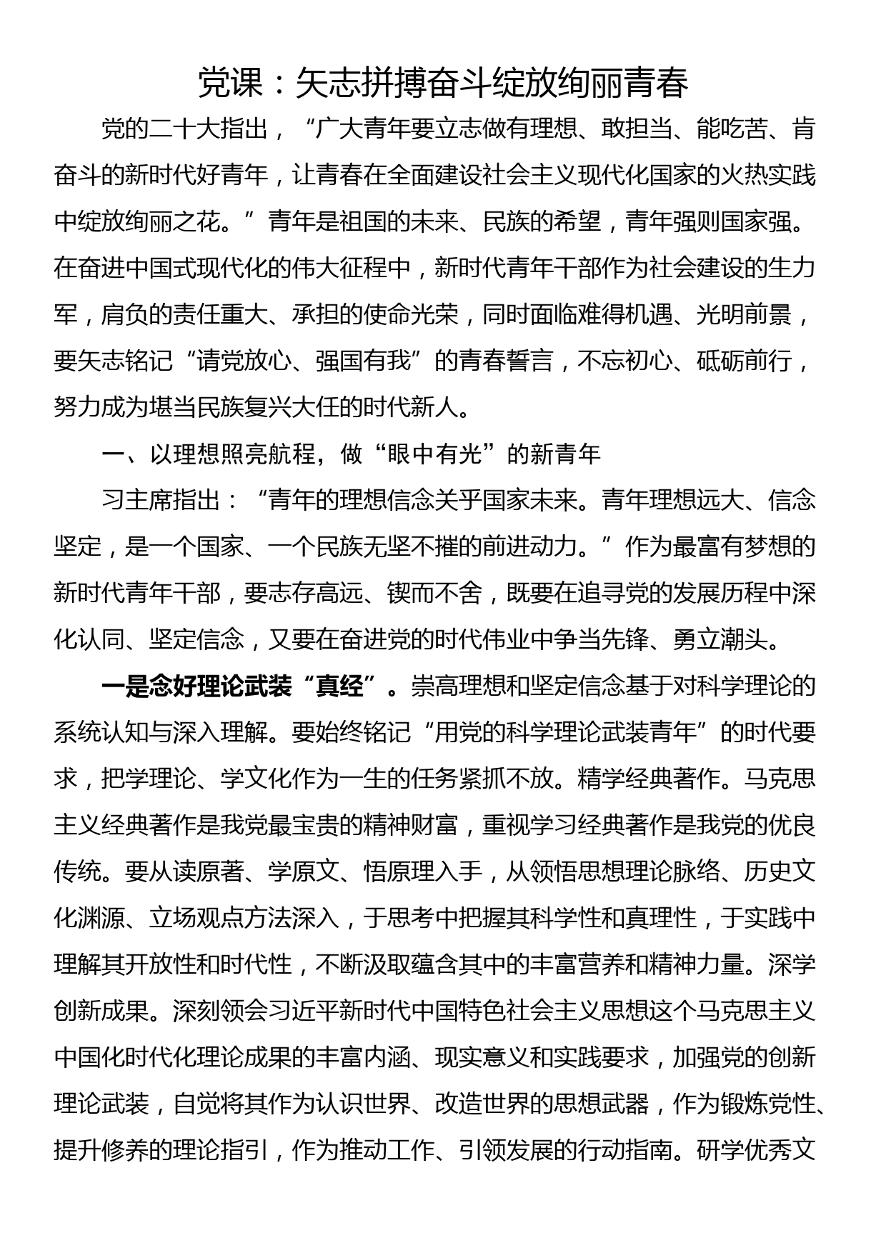 党课：矢志拼搏奋斗绽放绚丽青春_第1页