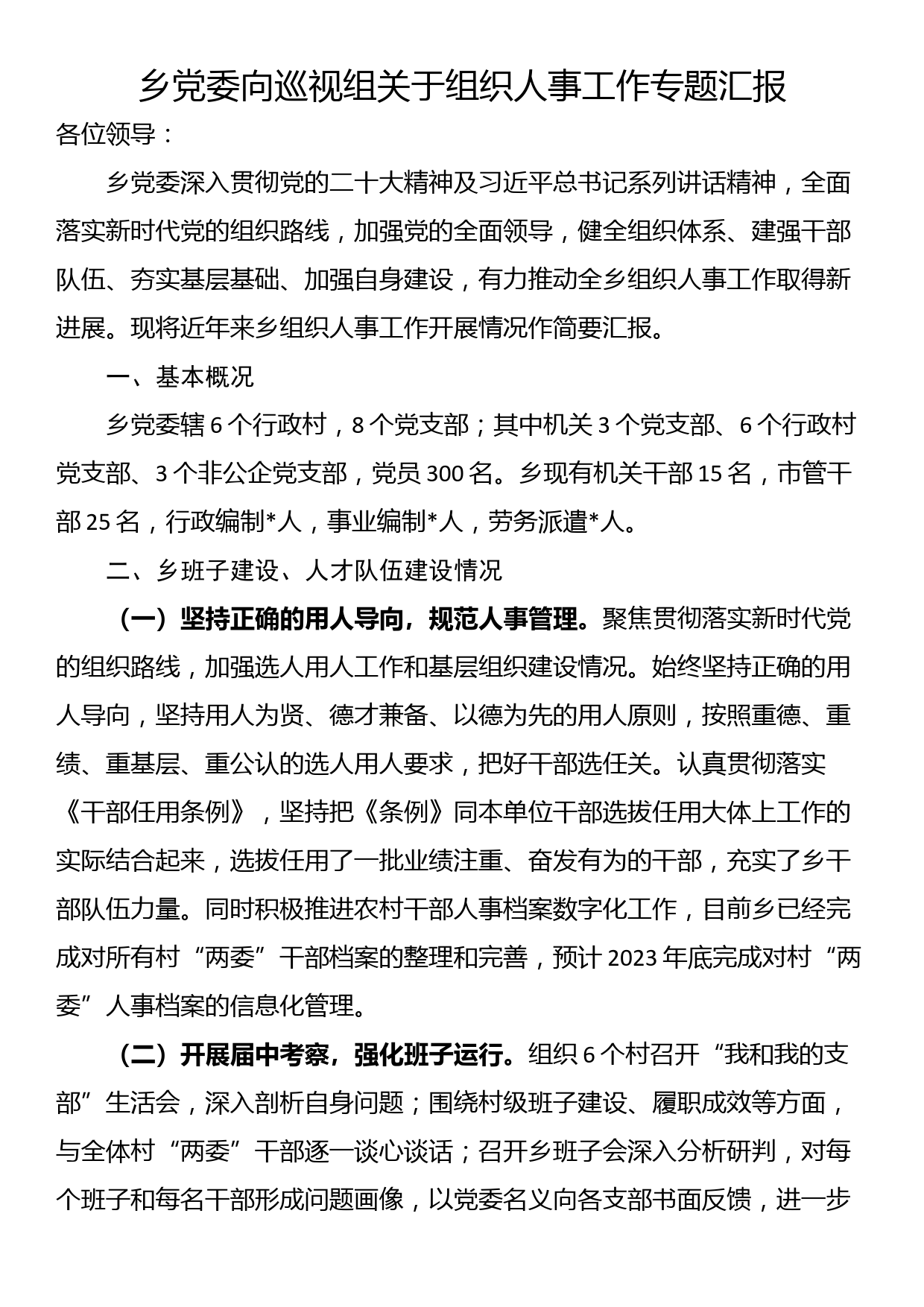 乡党委向巡视组关于组织人事工作专题汇报_第1页