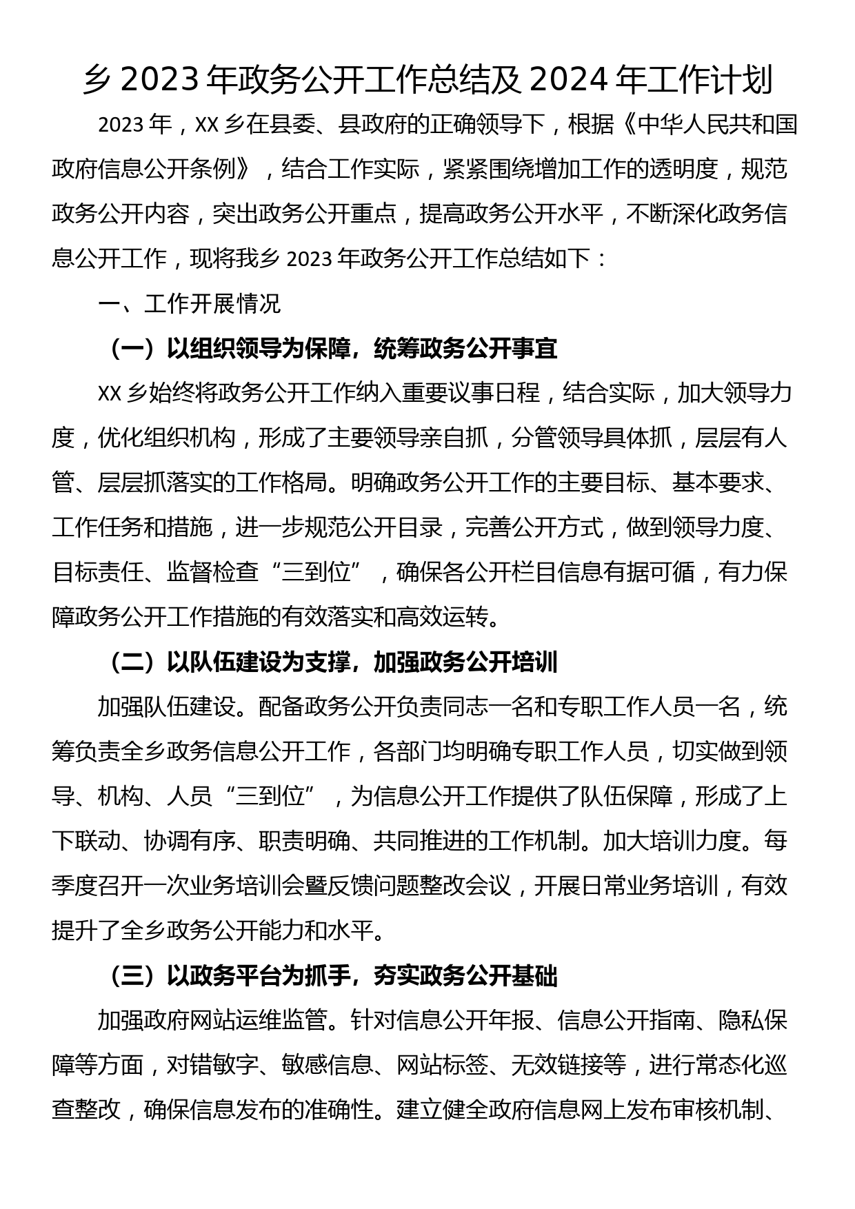 乡2023年政务公开工作总结及2024年工作计划_第1页