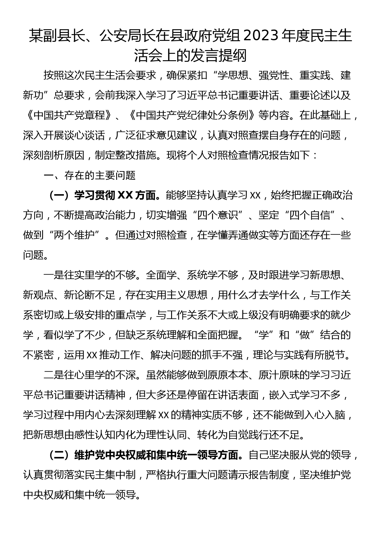 某副县长、公安局长在县政府党组2023年度主题教育民主生活会上的发言提纲_第1页