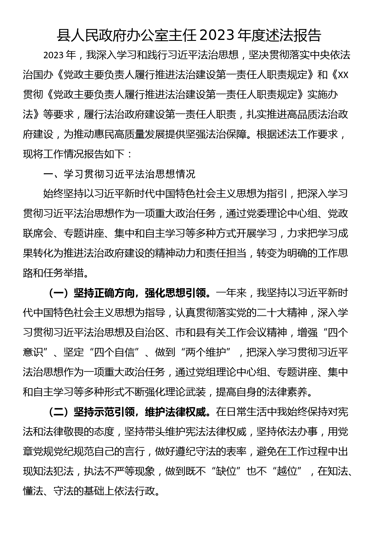 县人民政府办公室主任2023年度述法报告_第1页