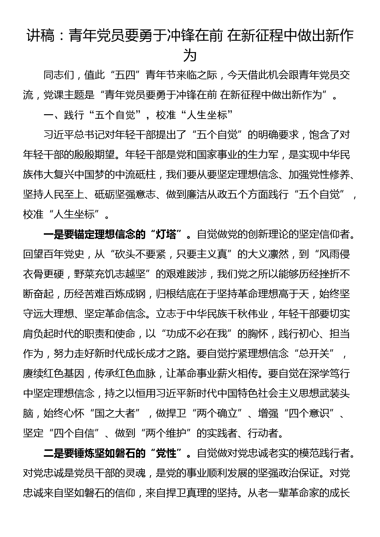 讲稿：青年党员要勇于冲锋在前 在新征程中做出新作为_第1页