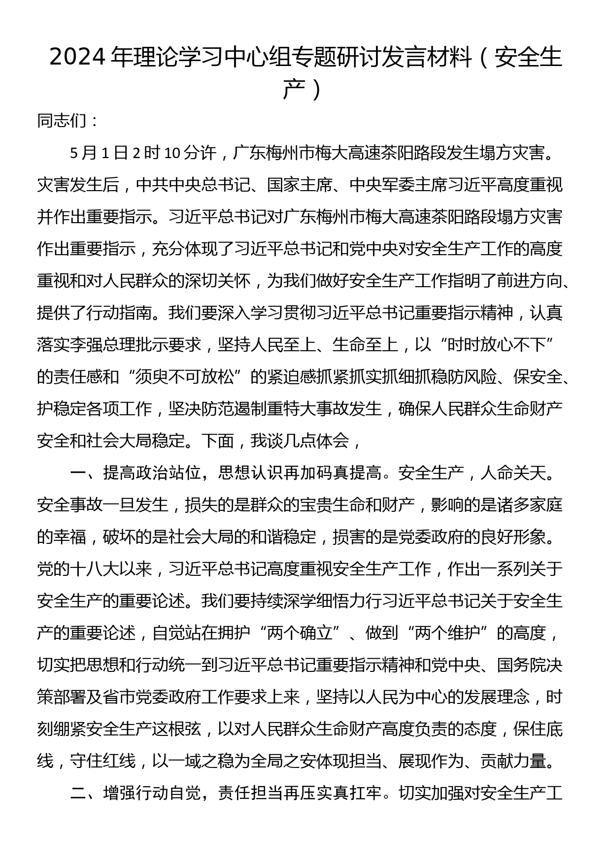 2024年理论学习中心组专题研讨发言材料（安全生产）_第1页