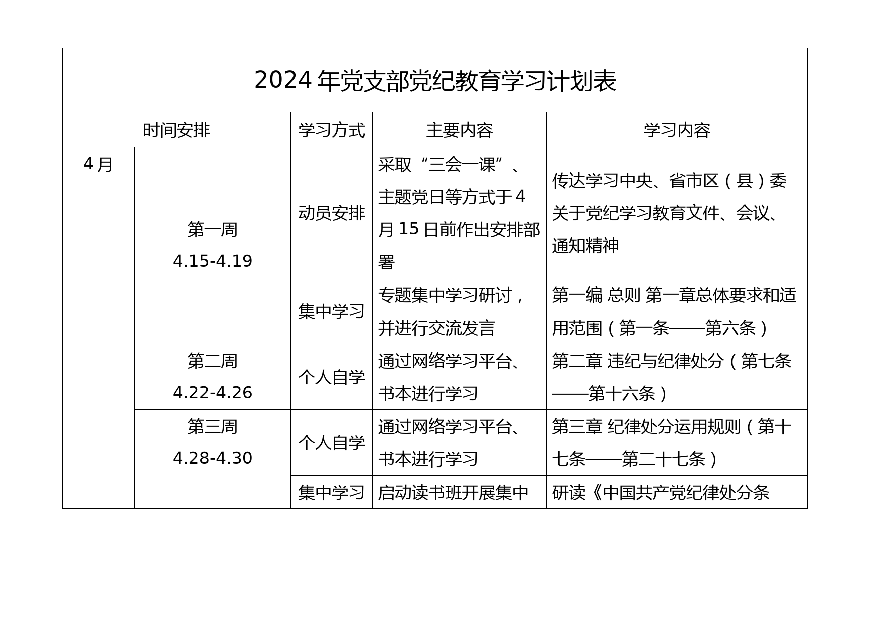 2024年党纪学习教育计划表（6个计划表+1清单）_第1页