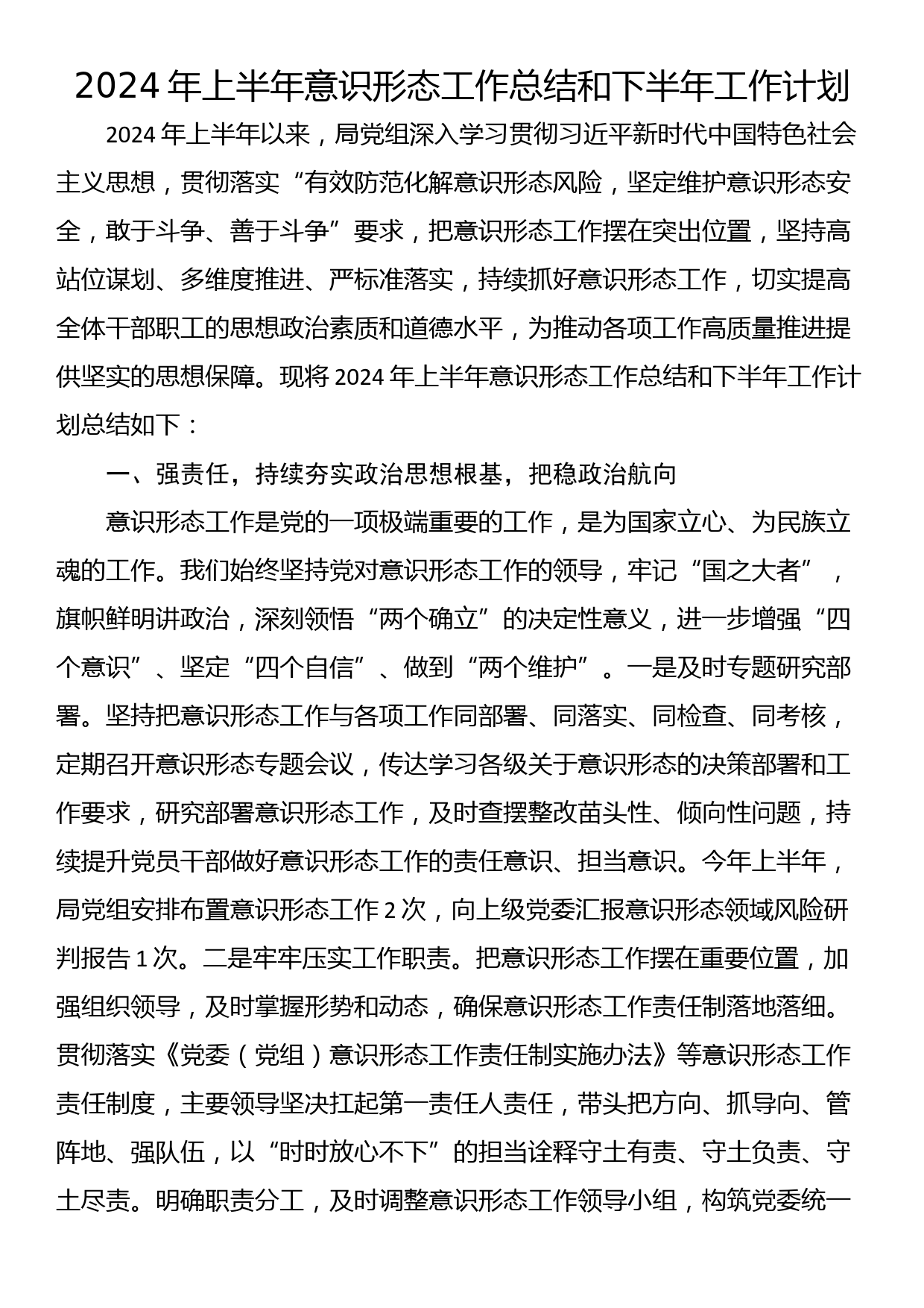 2024年上半年意识形态工作总结和下半年工作计划_第1页