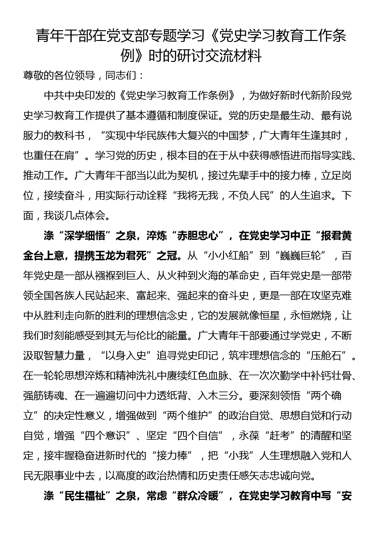 青年干部在党支部专题学习《党史学习教育工作条例》时的研讨交流材料_第1页