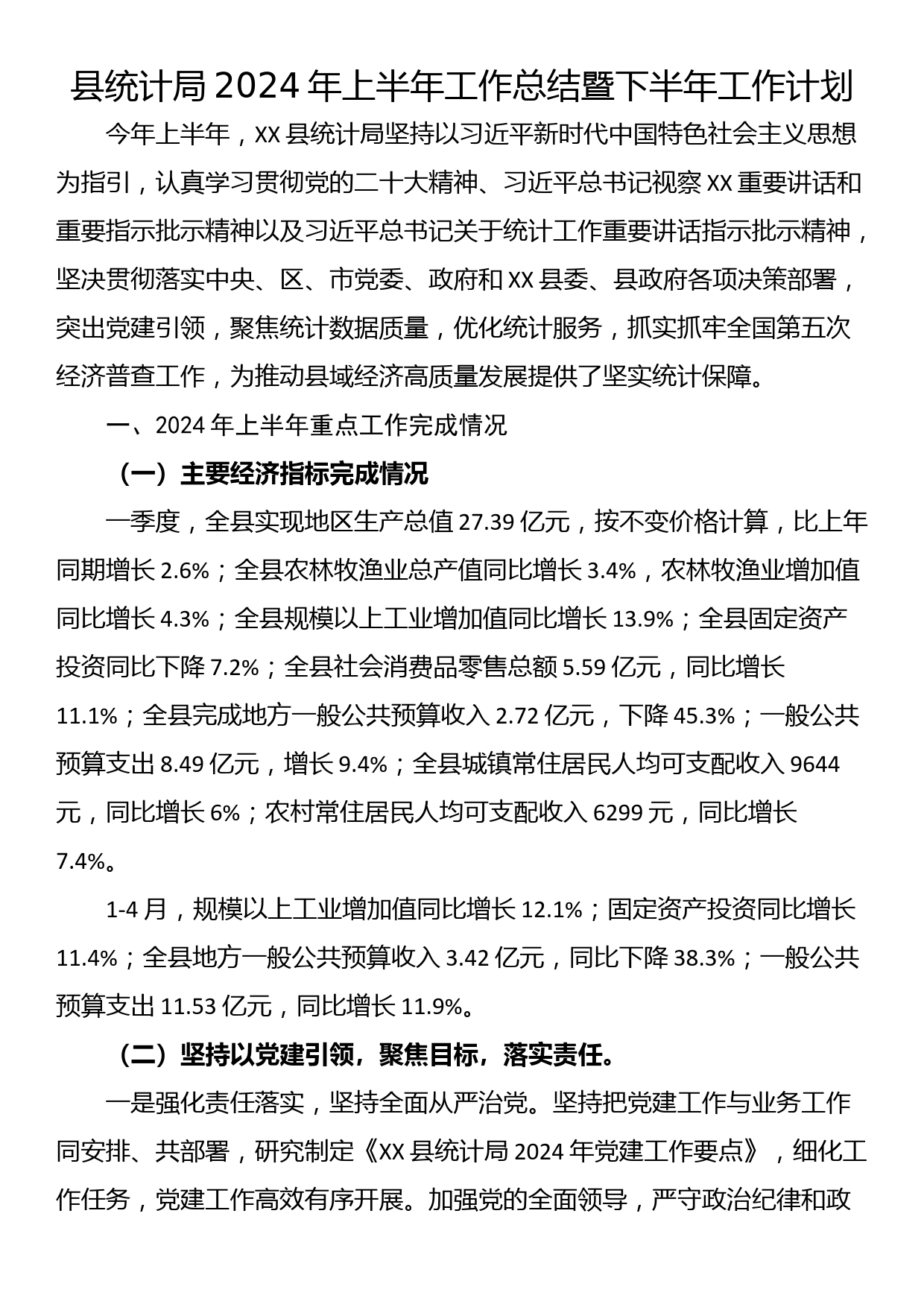 县统计局2024年上半年工作总结暨下半年工作计划_第1页