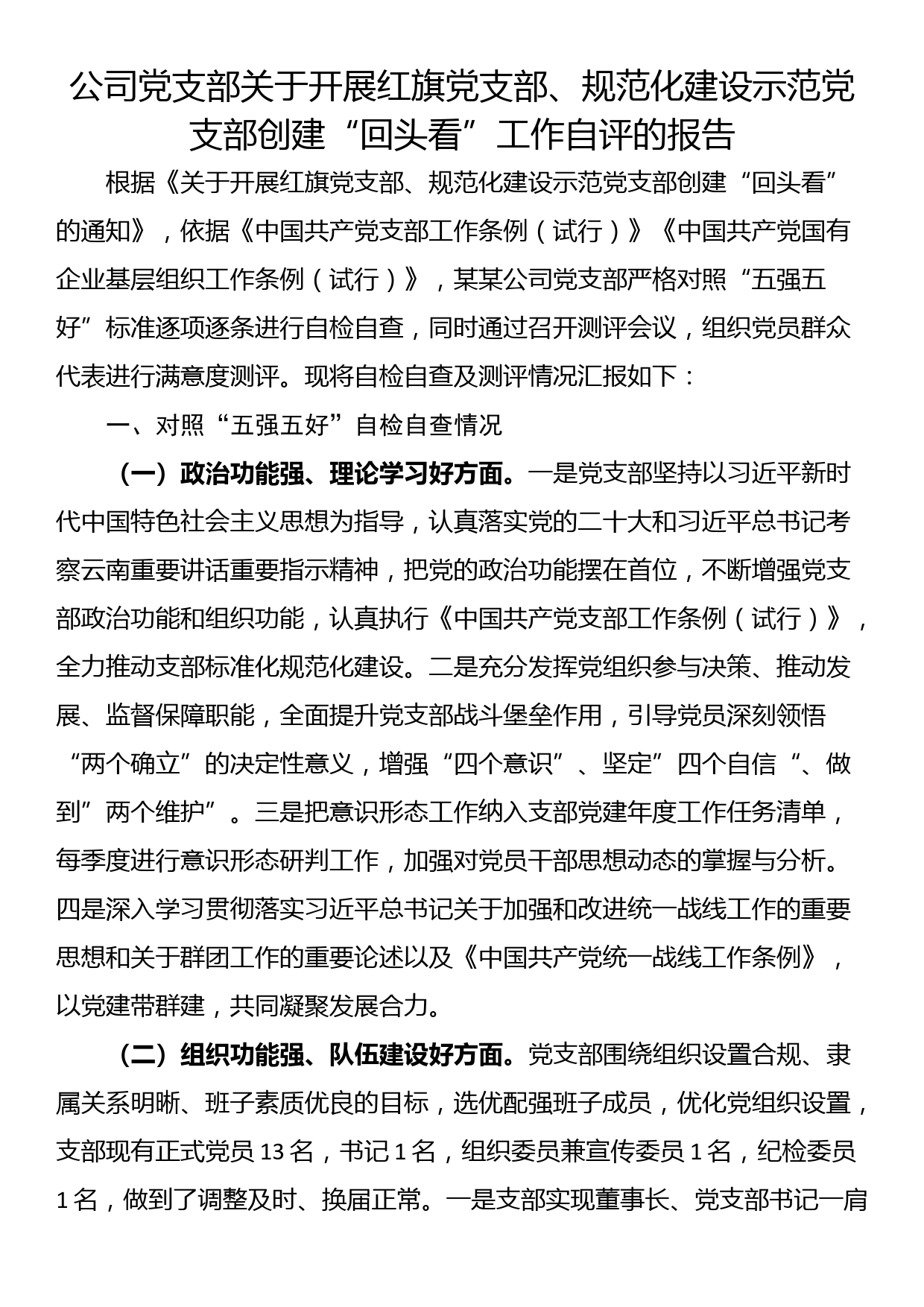 公司党支部关于开展红旗党支部、规范化建设示范党支部创建“回头看”工作自评的报告_第1页