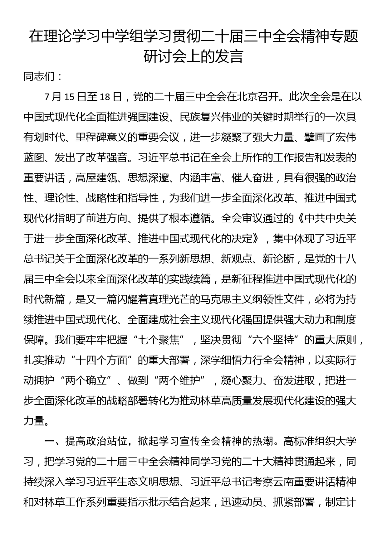 在理论学习中学组学习贯彻二十届三中全会精神专题研讨会上的发言_第1页